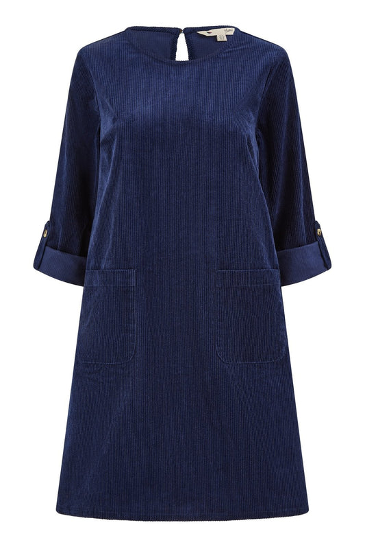 Yumi Navy Cord Tunic Dress With 3/4 Sleeves And Pockets