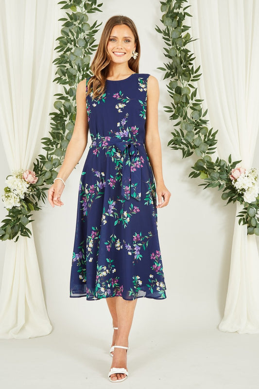 Yumi Navy Floral Print Midi Skater Dress