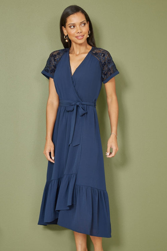 Yumi Navy Lace Sleeve Midi Wrap Over Dress