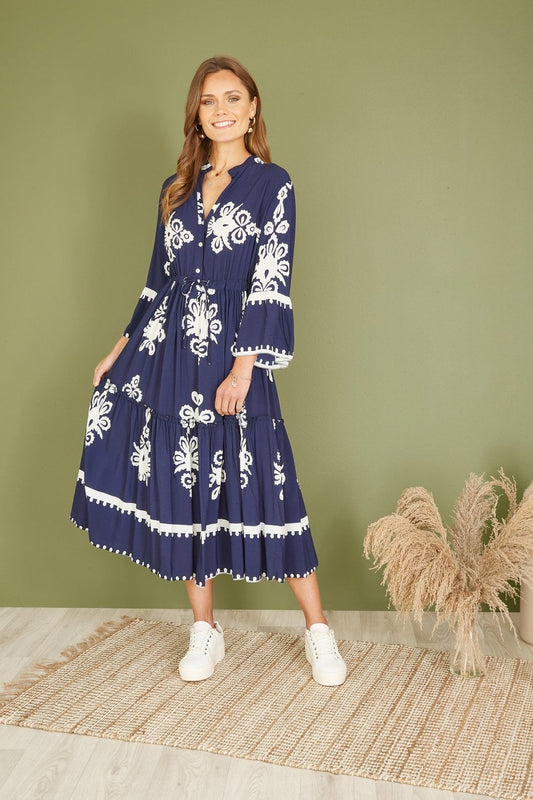 Yumi Navy Viscose Midi Dress With Long Sleeves