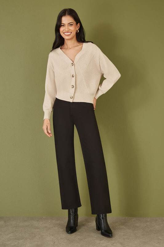 Yumi Oatmeal Relaxed Fit Cardigan With Stitch Detail