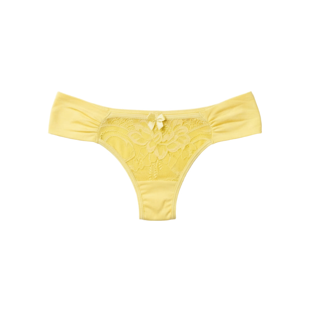 Yellow lace thong on a light gray background
