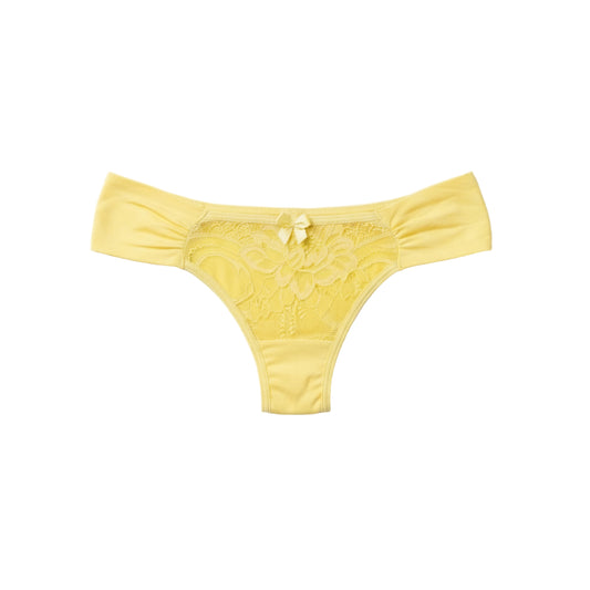 Yellow lace thong on a light gray background