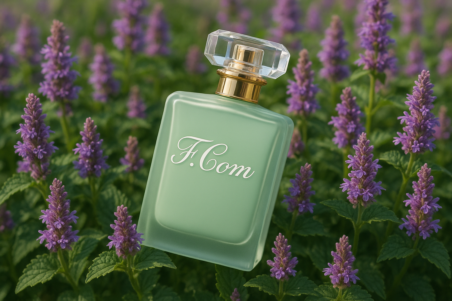 A light green perfume bottle written F.Com® in a patchouli field.  