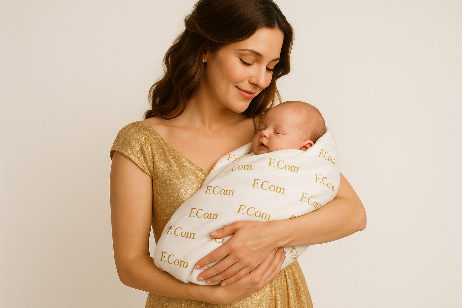 A woman in a gold dress holding a baby in a white blanket written F.Com in gold. This page links to our Nursing and Maternity collection.