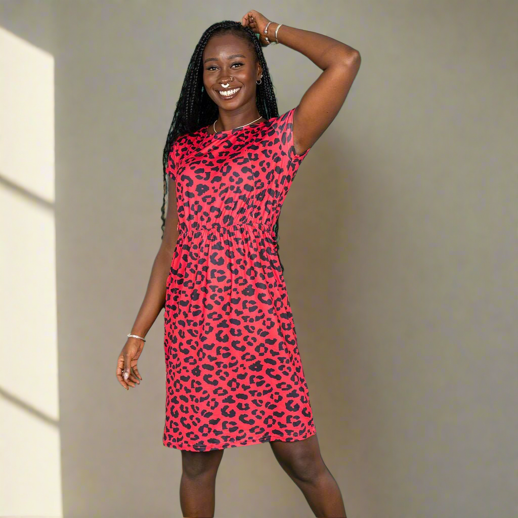 The Knee Length Breastfeeding Dress - Red Leopard Print