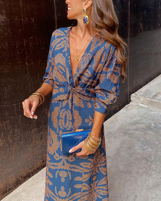 Sophia | Vintage Printed V-Neck Long-sleeve Elegant Dress