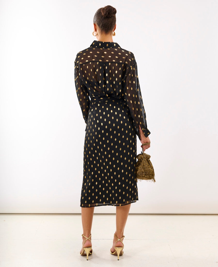 Black Foil Wrap Midi Skirt