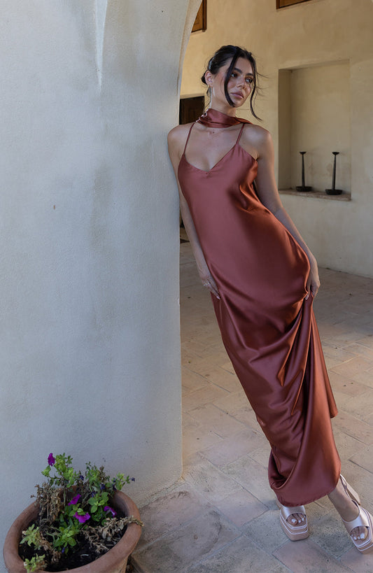 Brooklyn Dress in Terracotta Satin
