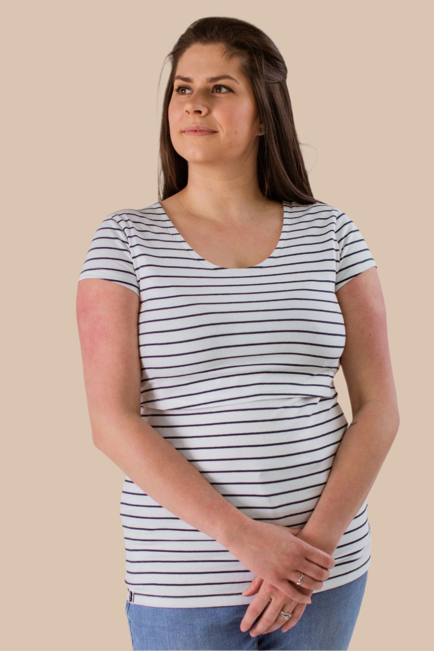 Nursing short sleeve t-shirt in White/Navy Stripes