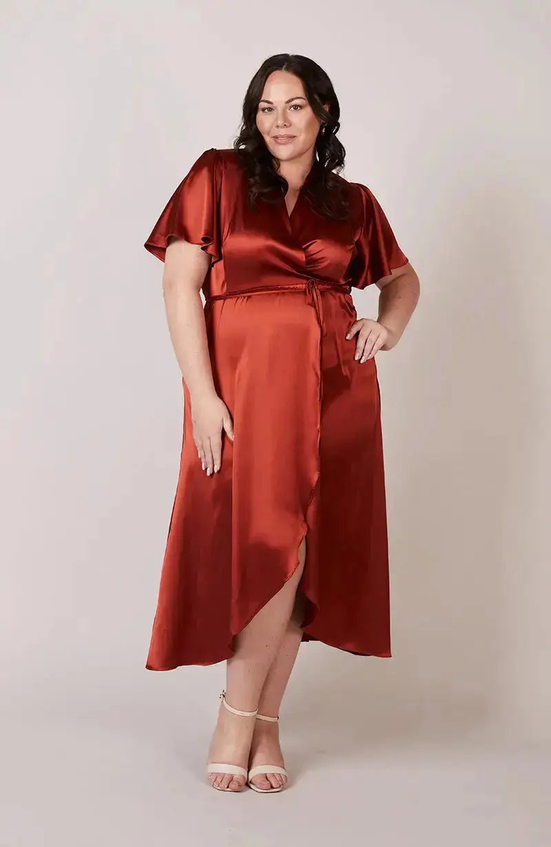 Florence Waterfall Dress in Burnt Orange Satin