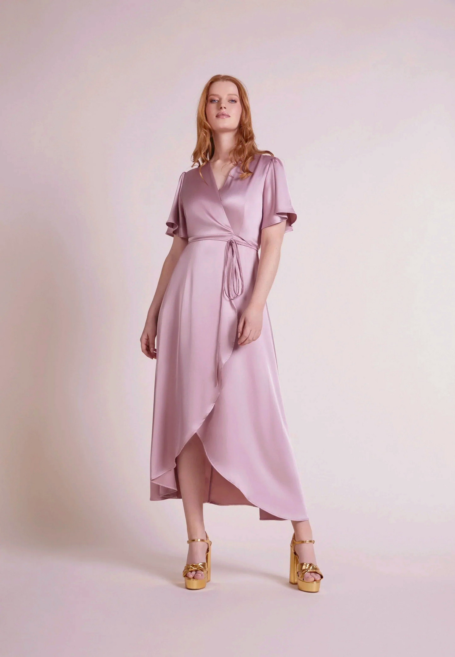 Florence Waterfall Dress in Rose Pink Satin