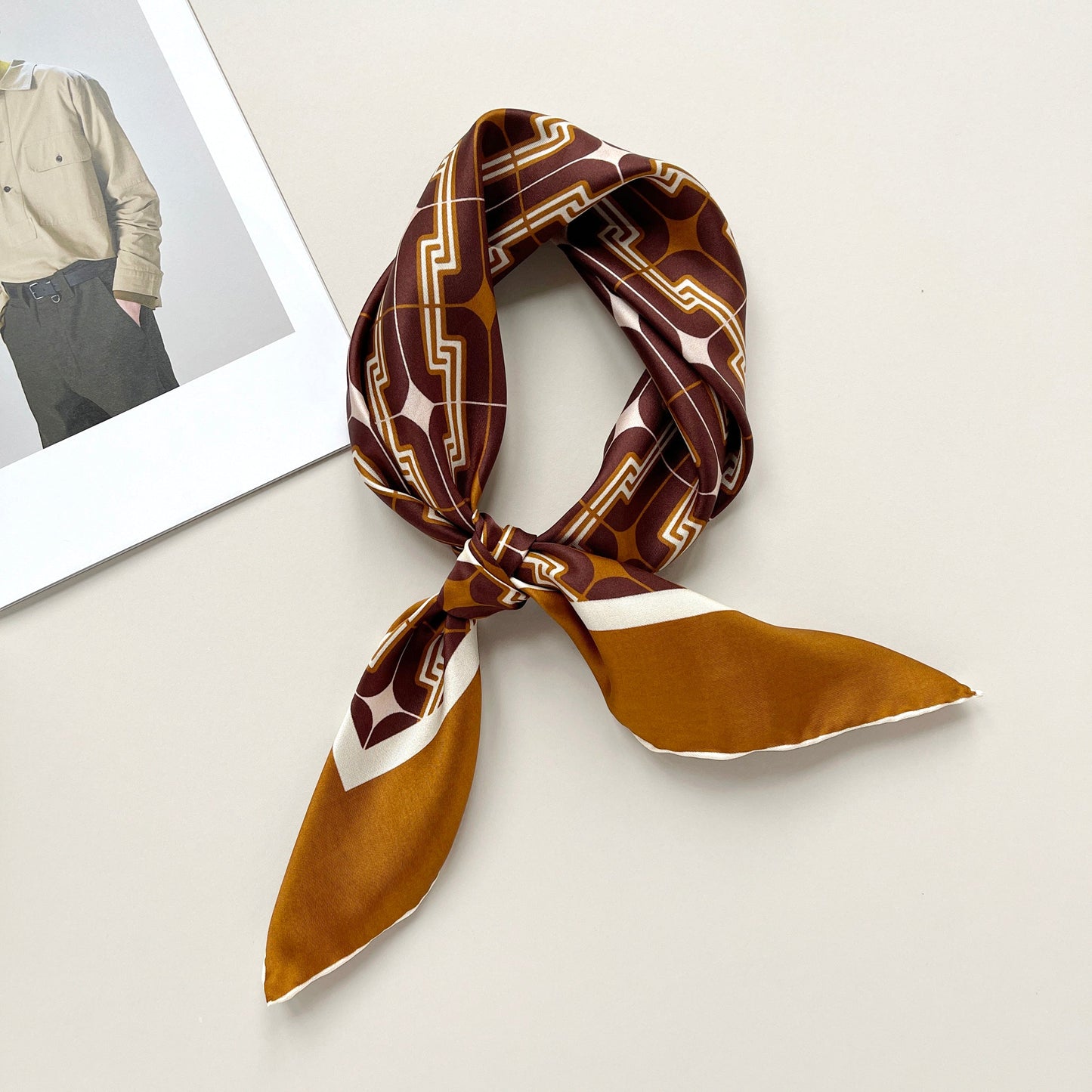 Retro Geometric Silk Square Scarf - 65cm Double-Sided Print Men's Square Neckerchief
