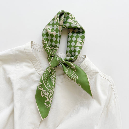 Baroque Check Silk Scarf - 53cm Hand-rolled Women's Bandana Neck Scarf