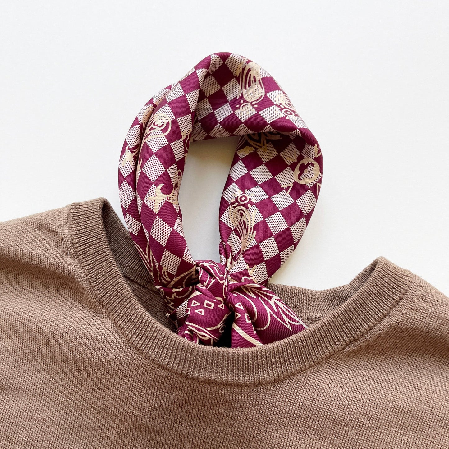 Baroque Check Silk Scarf - 53cm Hand-rolled Women's Bandana Neck Scarf