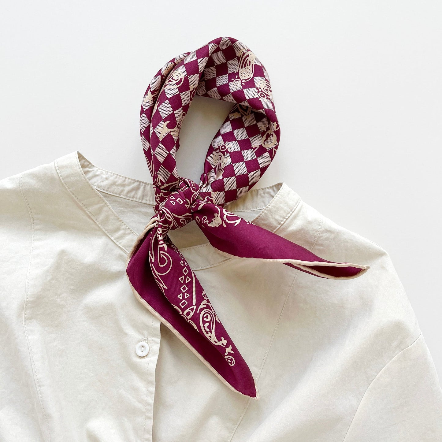 Baroque Check Silk Scarf - 53cm Hand-rolled Women's Bandana Neck Scarf