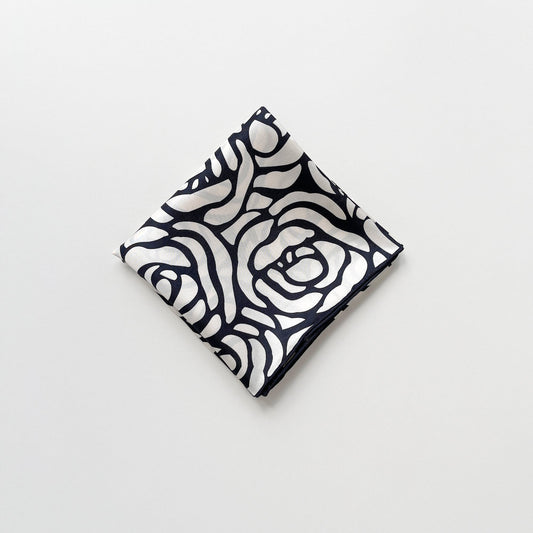 Charcoal Black Abstract Rose Silk Scarf - 65cm Women's Bandana Square with Hand-Rolled Edges