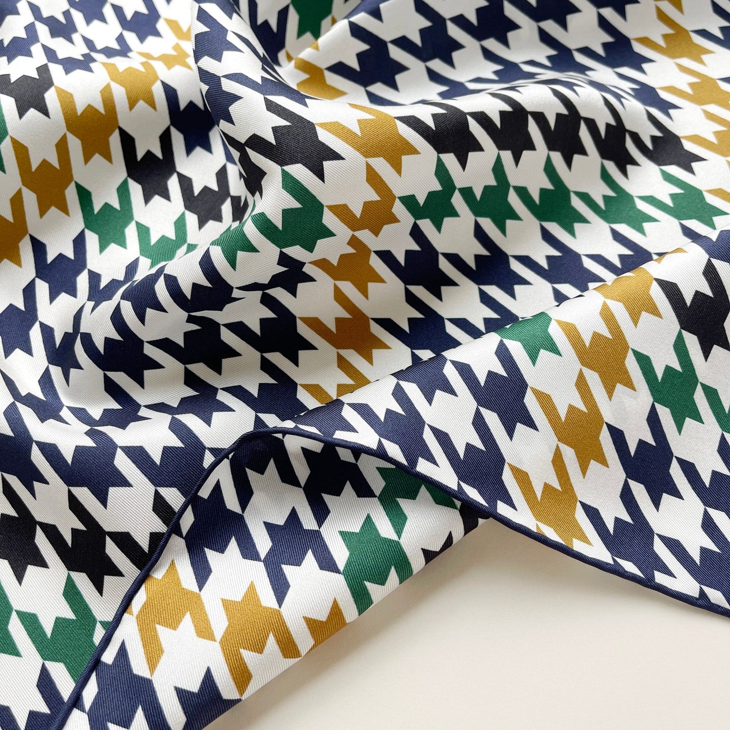 Navy Heritage Houndstooth Silk Scarf – 65cm Double-Sided Print Unisex Square with Hand-Rolled Edges