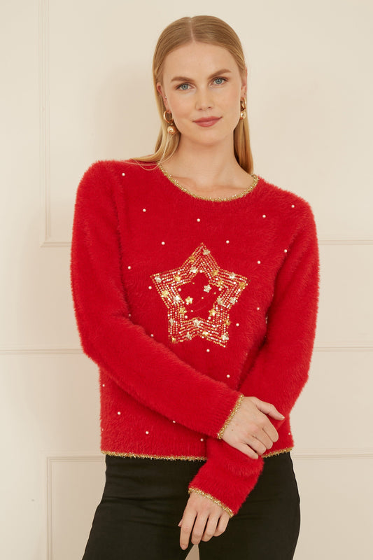 Yumi Red Knitted Fluffy Christmas Star Jumper