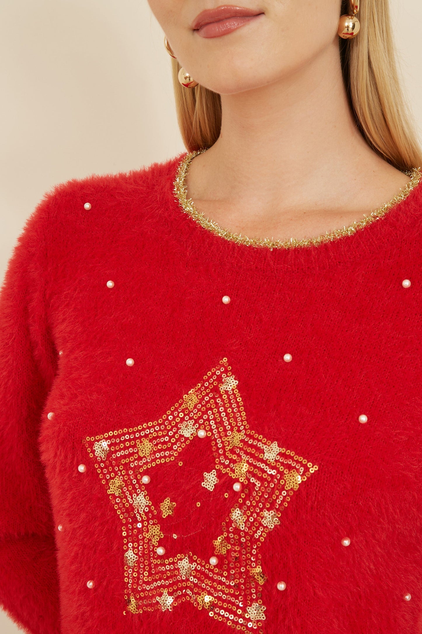 Yumi Red Knitted Fluffy Christmas Star Jumper