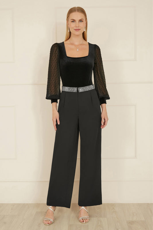 Mela Black Velvet Bodysuit With Sheer Sleeves And Square Neckline