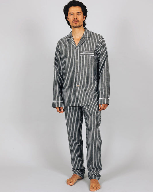 Mens Long Pyjamas - Chambray Black Stripe