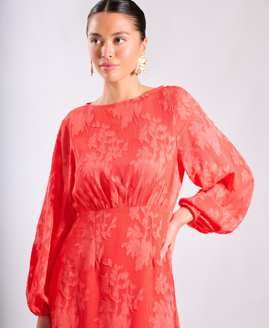 Coral Long Sleeve Jacquard Midi Dress