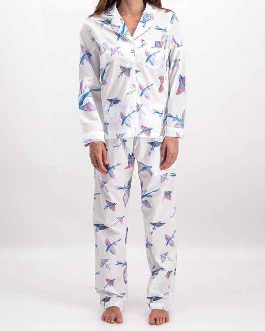 Womens Long Pyjamas - Flying Fish White