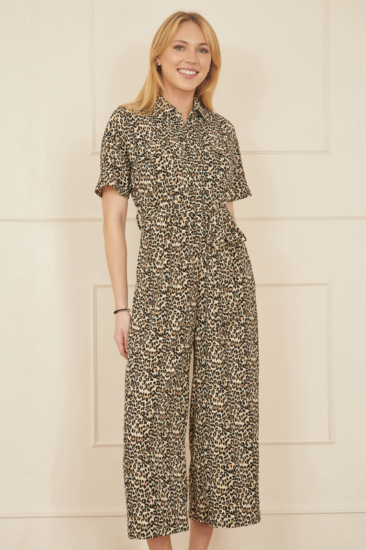 Yumi Brown Leopard Print Pleated Fabric Jumpsuit