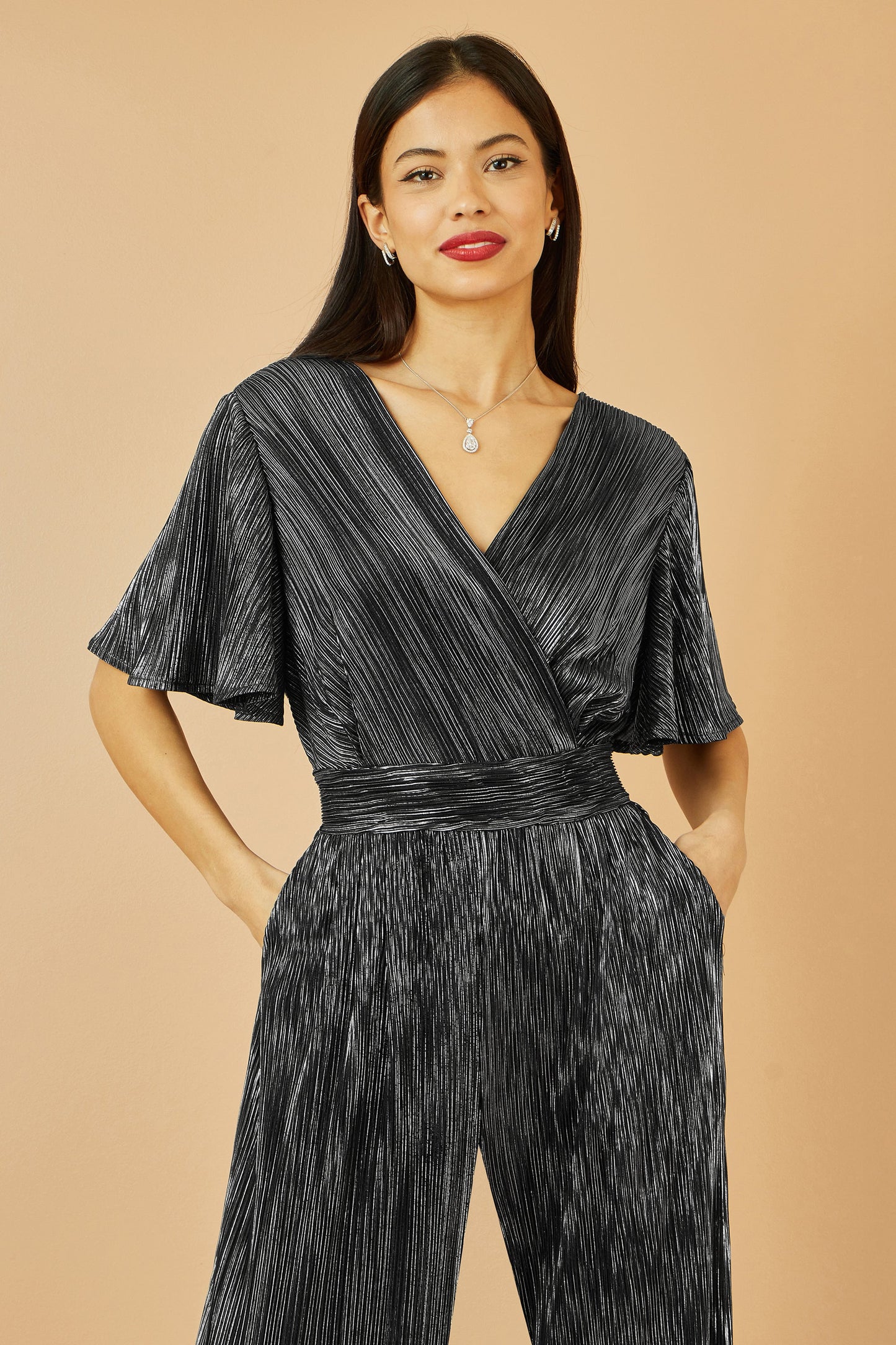 Yumi Black Metallic Pleated Jumpsuit With V Neck