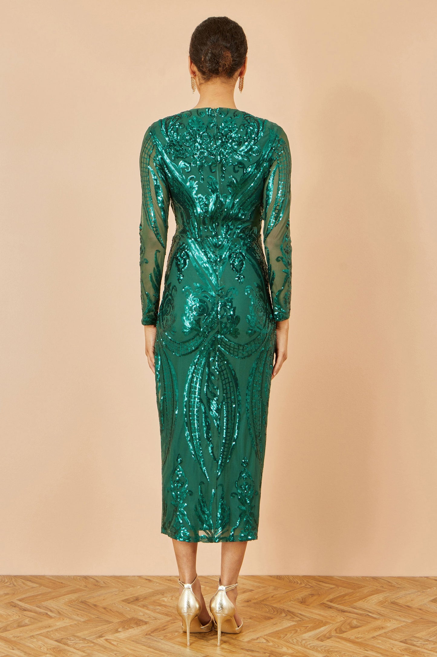 Yumi Green Sequin Midi Wrap Dress With Split Hemline And Long Sleeves