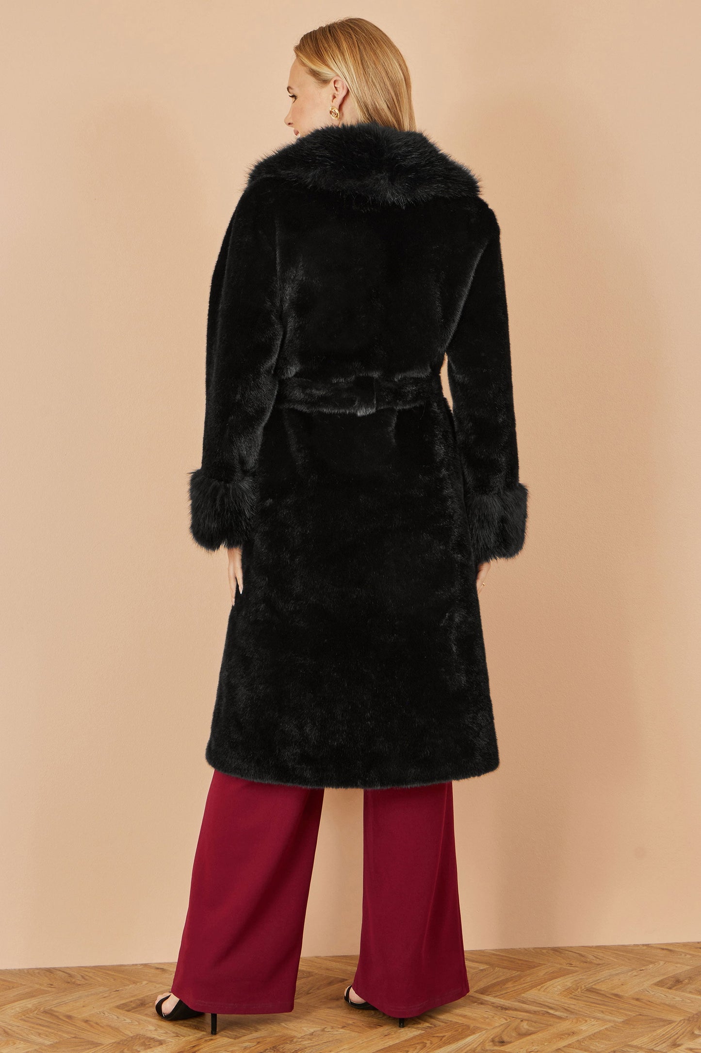 Yumi Black Wrap Faux Fur Coat With Oversize Collar