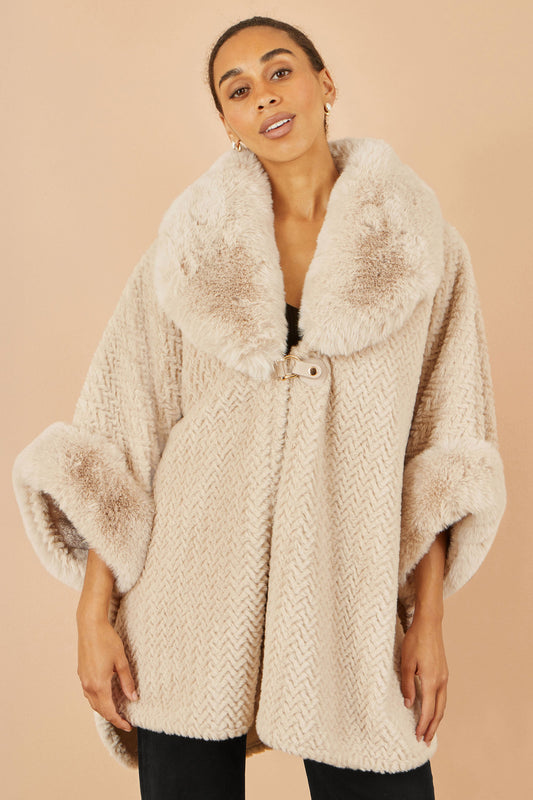 Yumi Beige Textured Fur Lined Cape