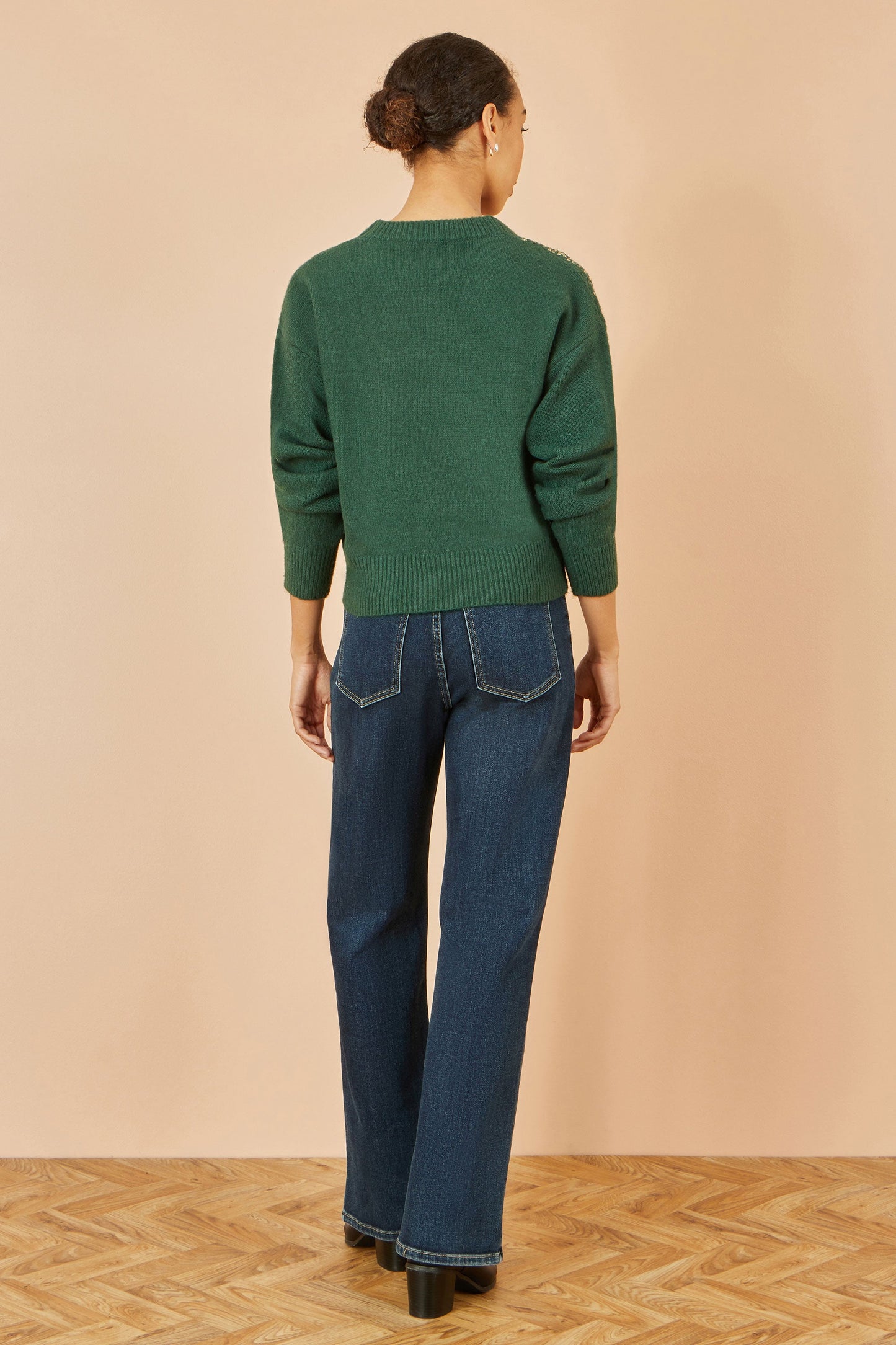 Yumi Green Relaxed Knitted Jumper With Scattered Sequin Neckline
