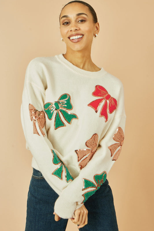 Yumi White Sequinned Bow Relaxed Fit Jumper