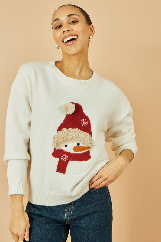 Yumi White Christmas Jumper With Applique Snowman