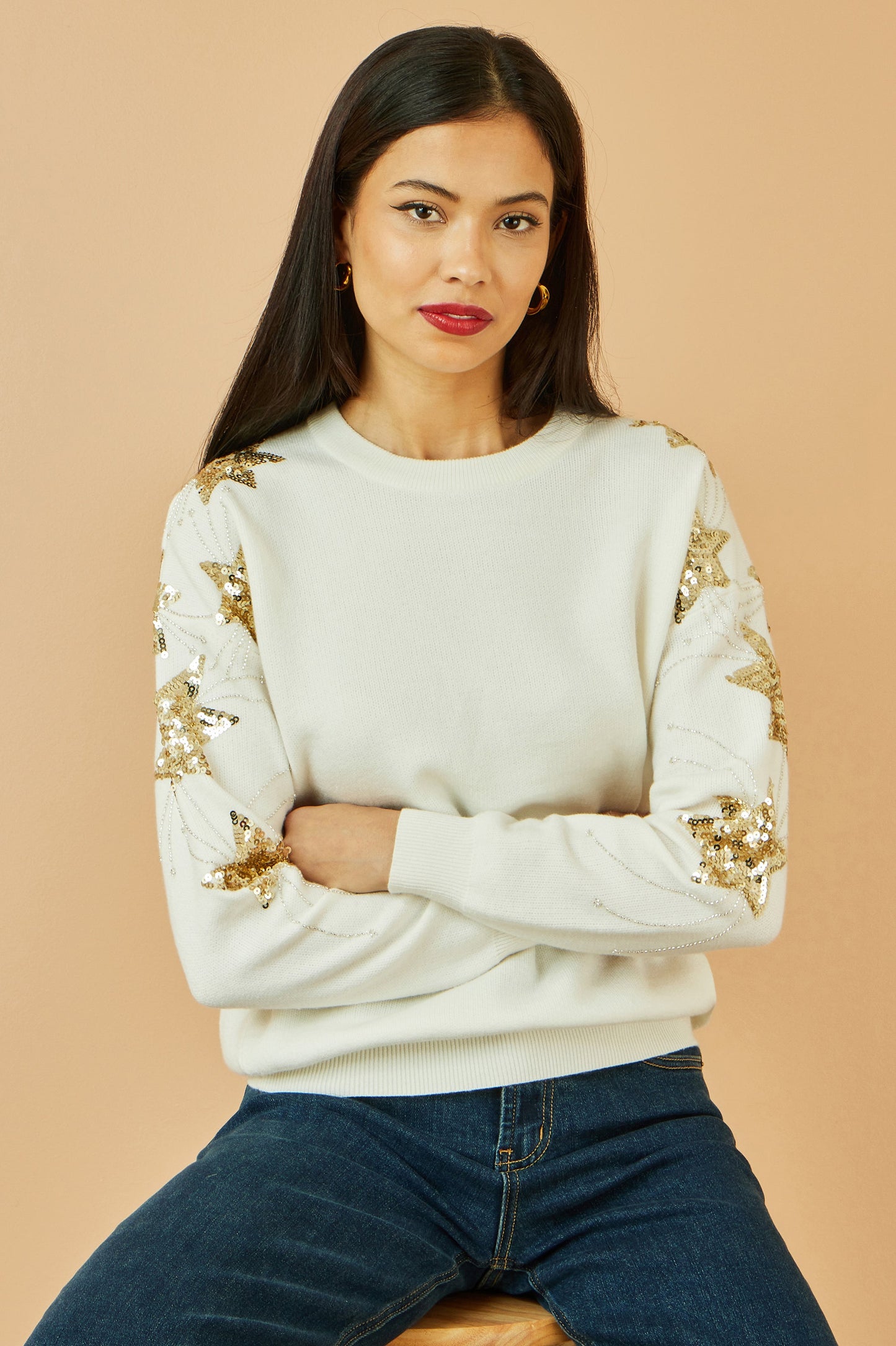 Yumi White Relaxed Fit Jumper With Sequin Star Sleeves