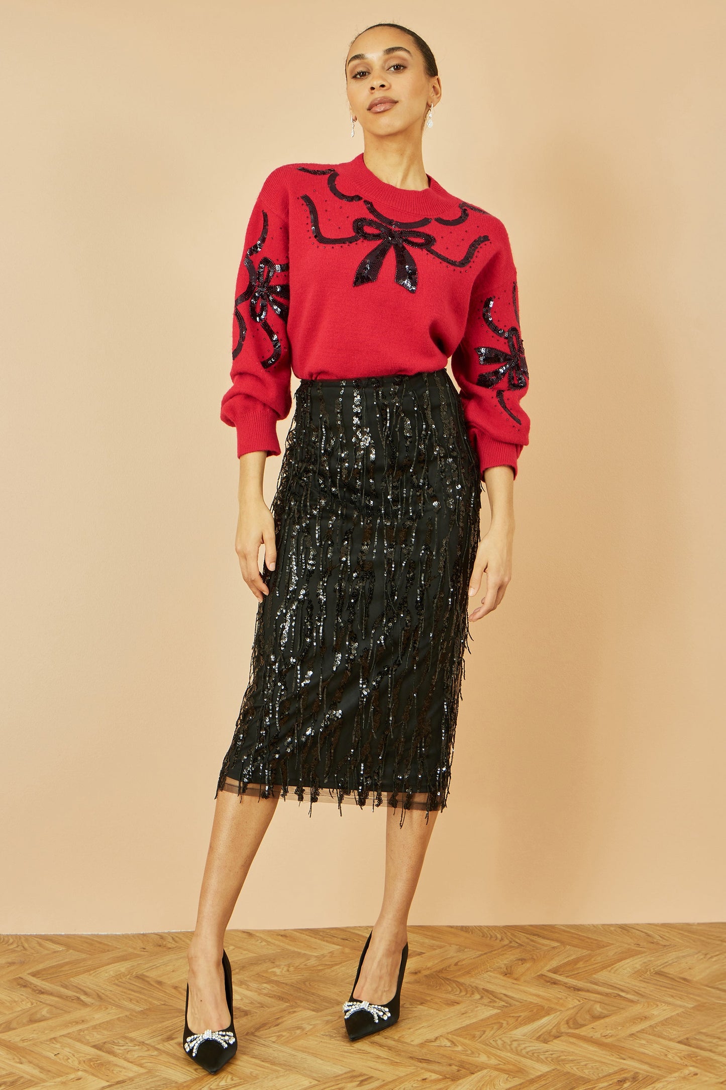 Yumi Red Sequinned Bow Neckline Jumper