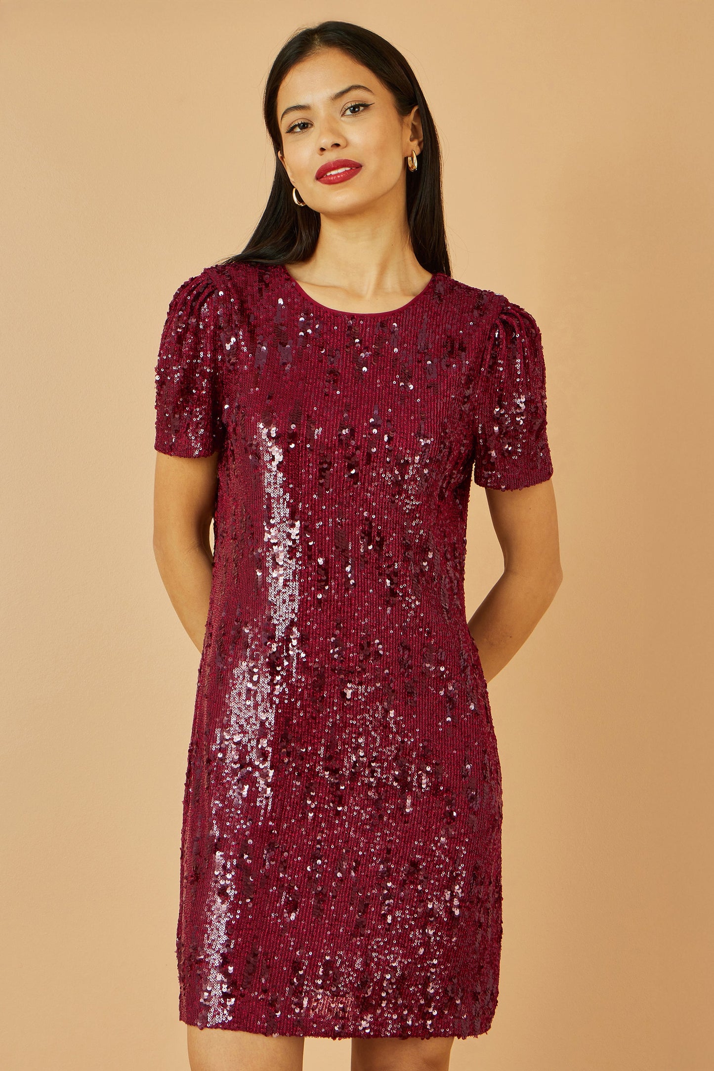 Yumi Burgundy Sequin Stretch Tunic Dress