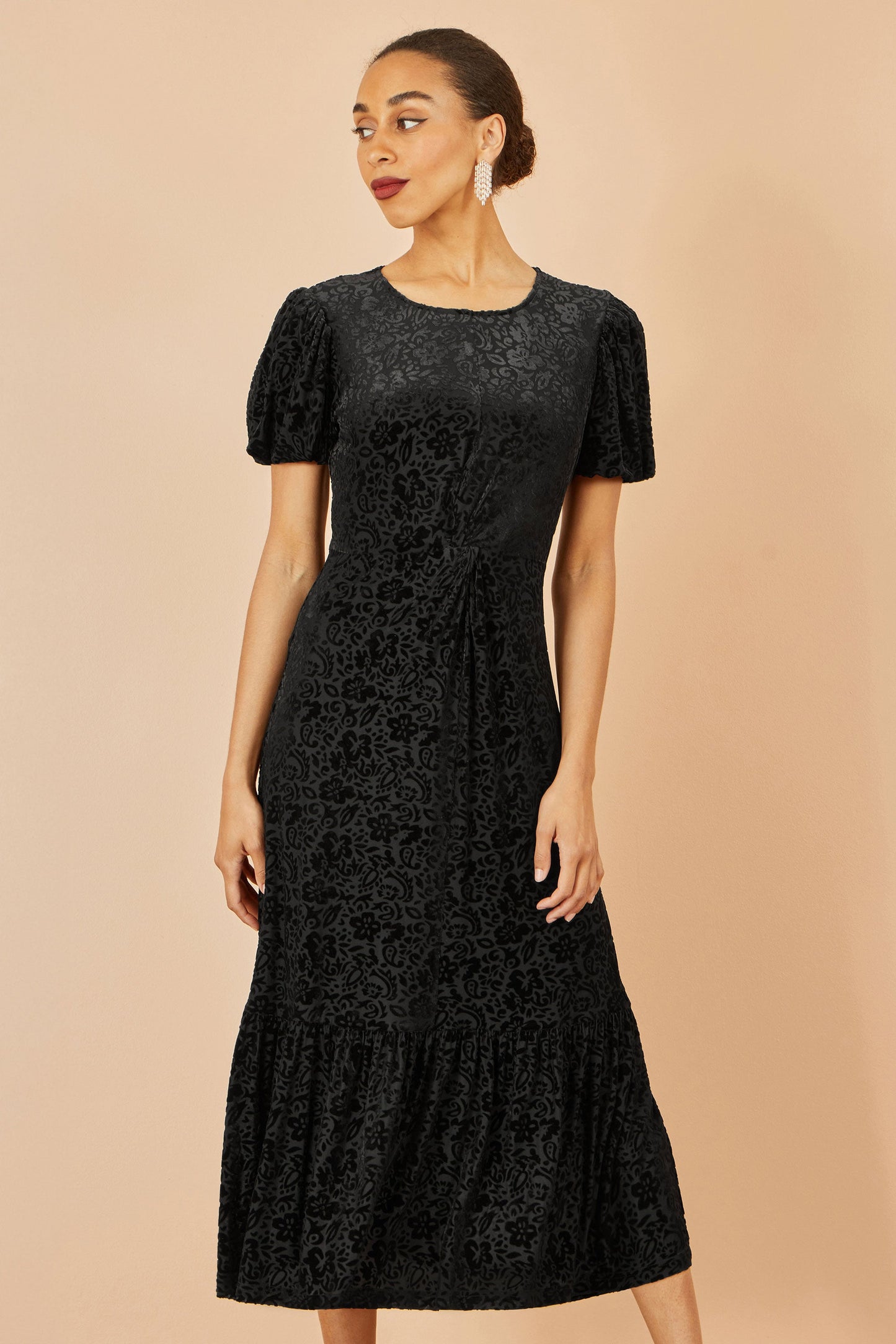 Yumi Black Floral Velour Velvet Twist Waist Midi Dress