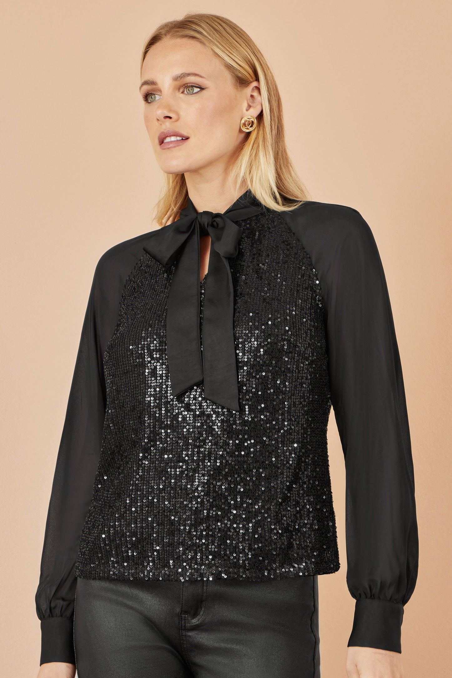 Yumi Black Sequin Pussy Bow Top