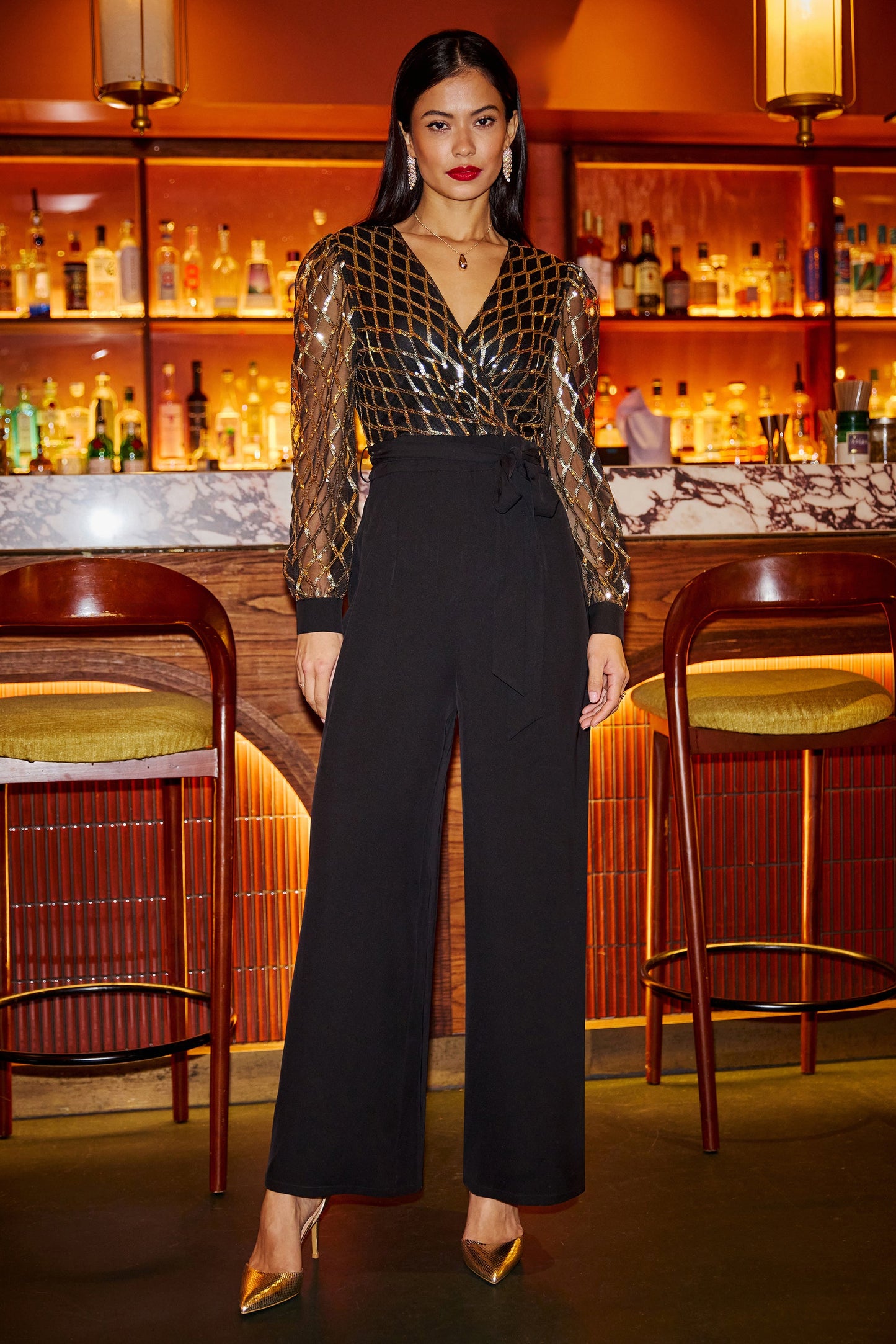 Yumi Black And Gold Sequin Wrap Over Jumpsuit