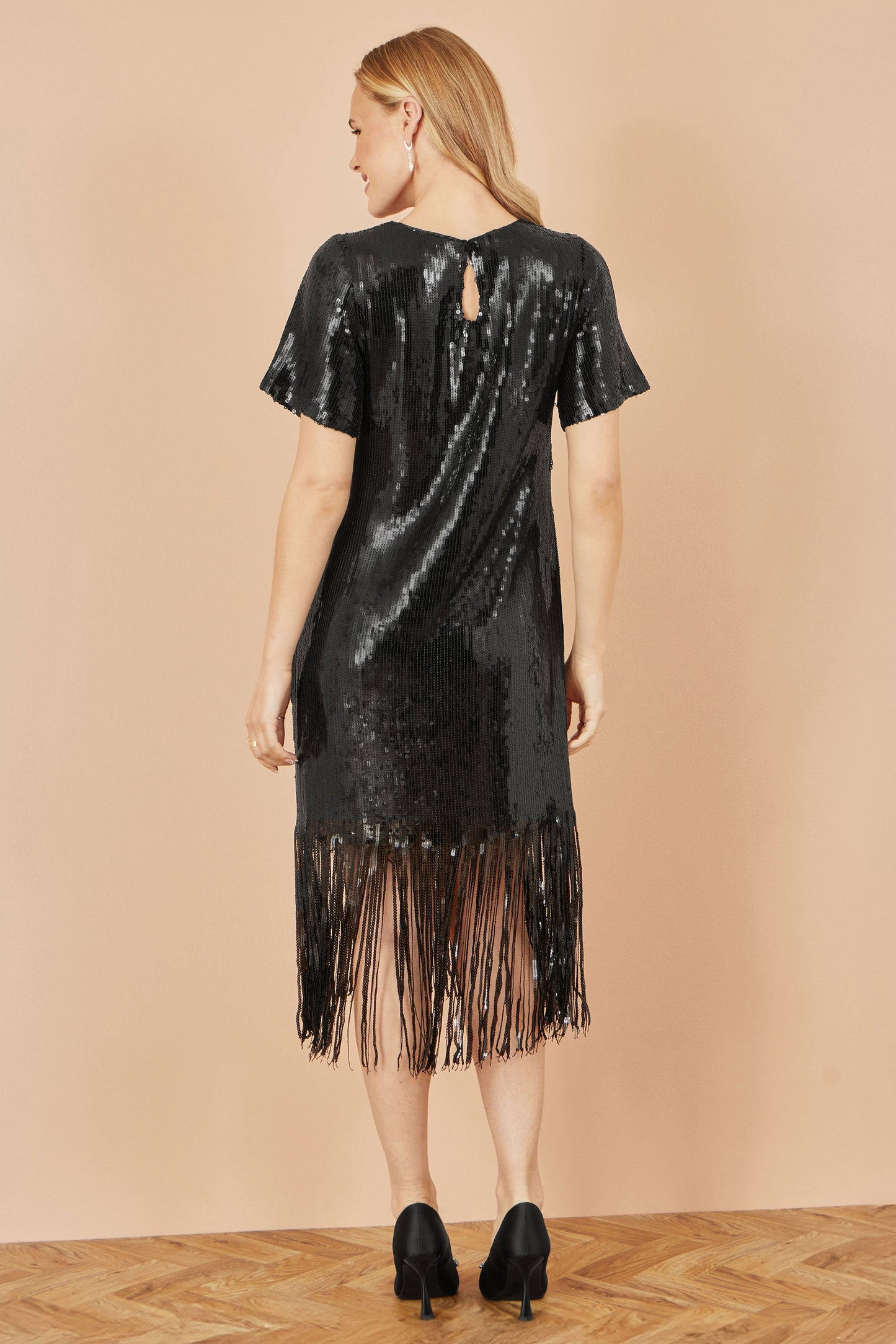 Yumi Black Sequin Tassels Hem Midi Tunic Dress