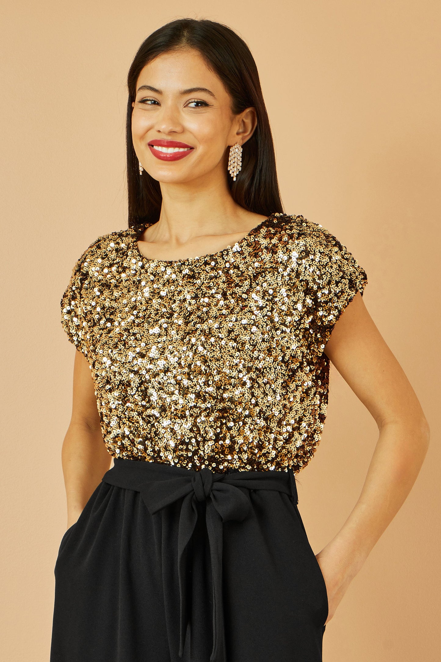 Yumi Gold Sequin Top Stretch Jumpsuit