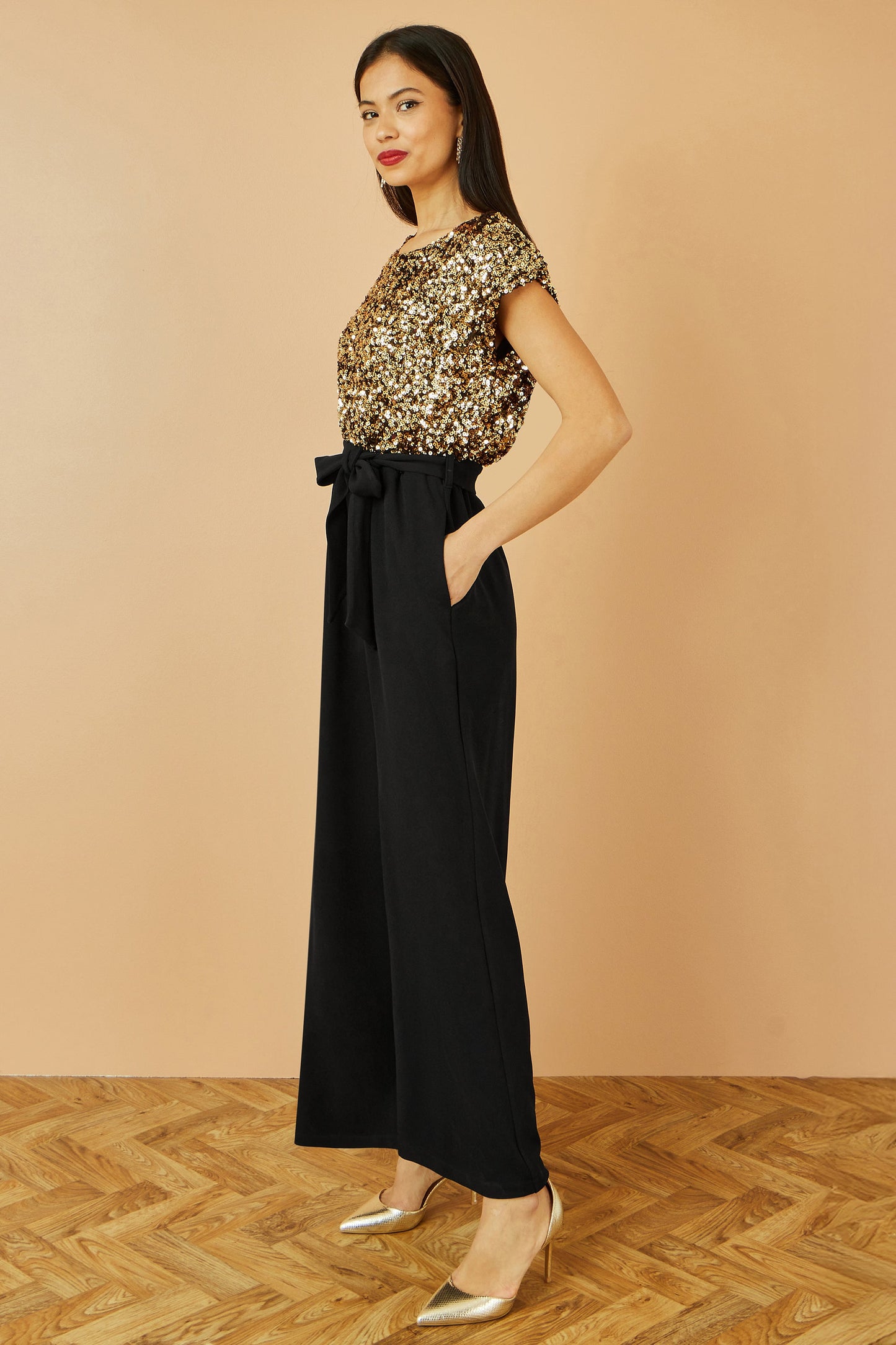 Yumi Gold Sequin Top Stretch Jumpsuit