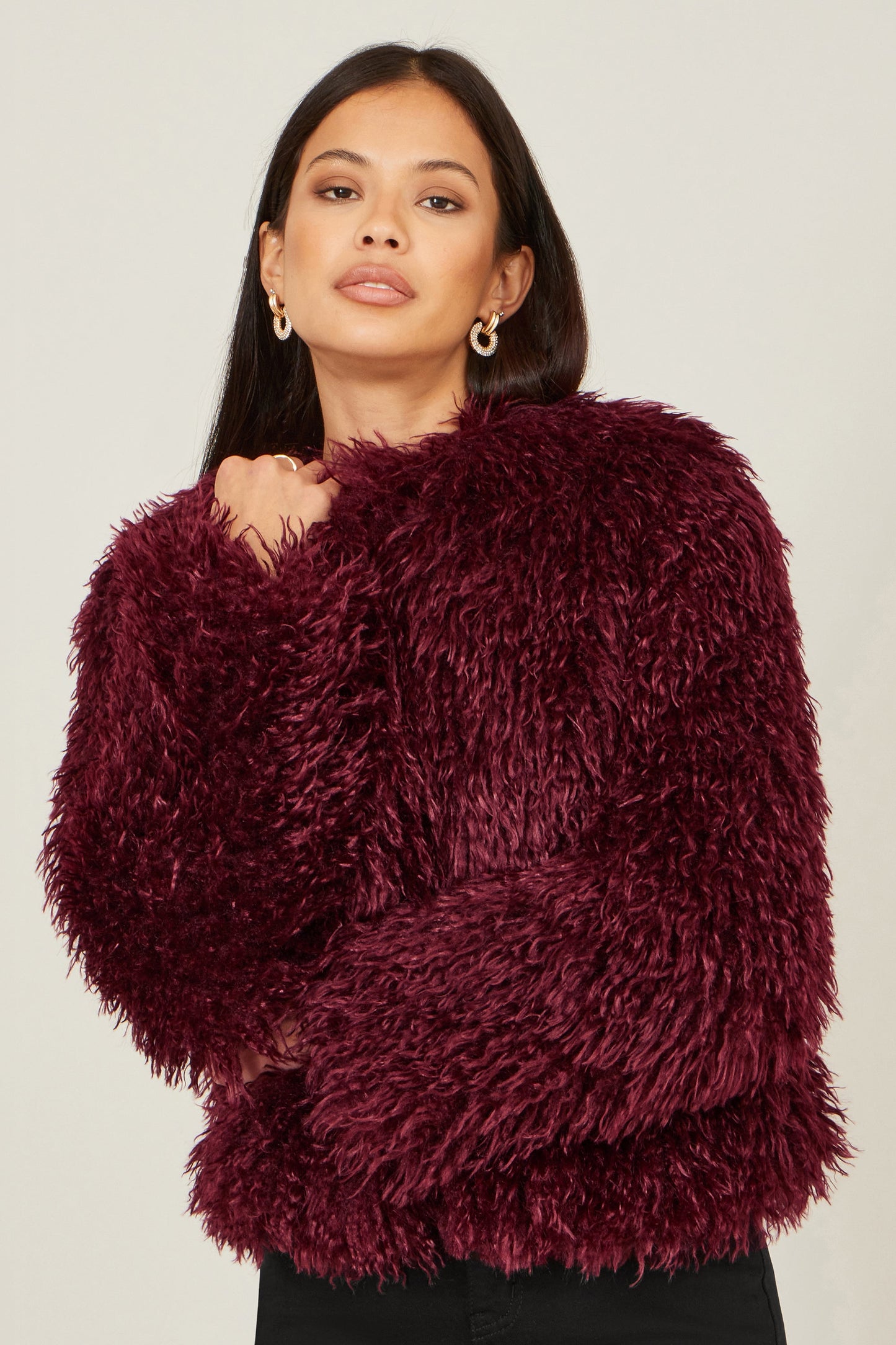 Yumi Burgundy Luxe Fluffy Faux Fur Coat