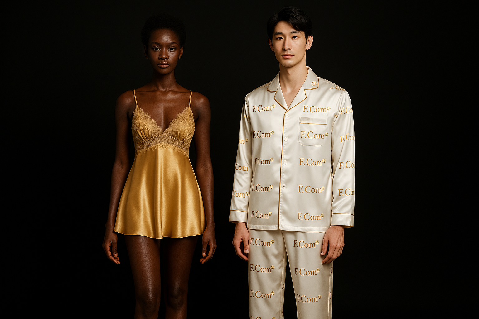 a full body image of an African woman wearing a gold silk babydoll with lace with a  man wearing white silk pyjamas with ribbon written F.Com® multiple times in gold both on black background