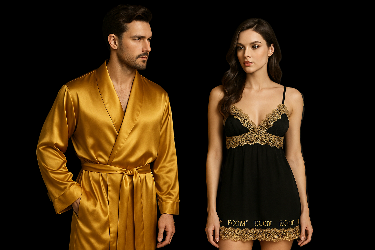 a woman wearing a black babydoll with gold lace written F.Com® with a man wearing a gold robe