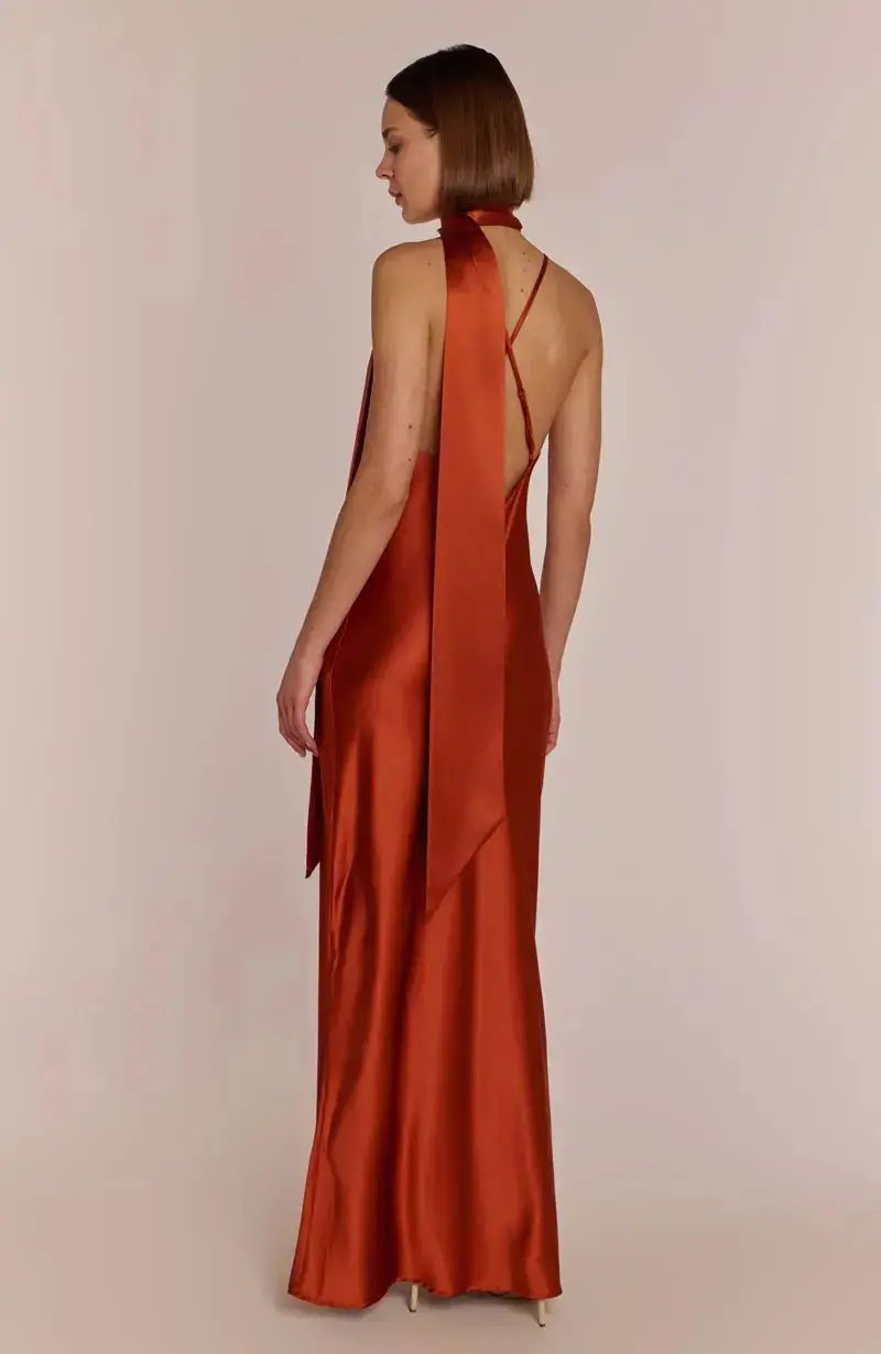 Brooklyn Dress in Burnt Orange Satin