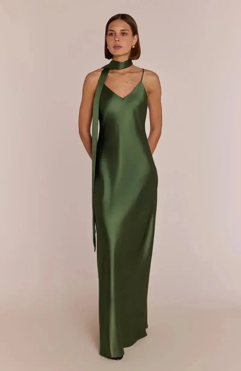 Brooklyn Dress in Olive Green Satin